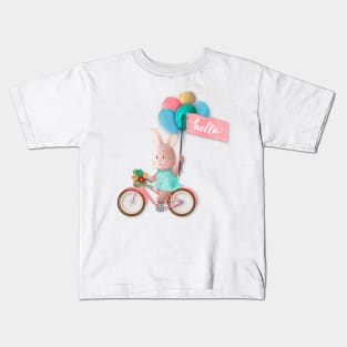 Bunny on Bike with Balloons and Hello Banner Kids T-Shirt